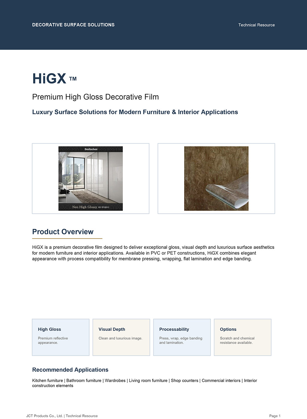 JCT HiGX Premium High Gloss Decorative Film TDS