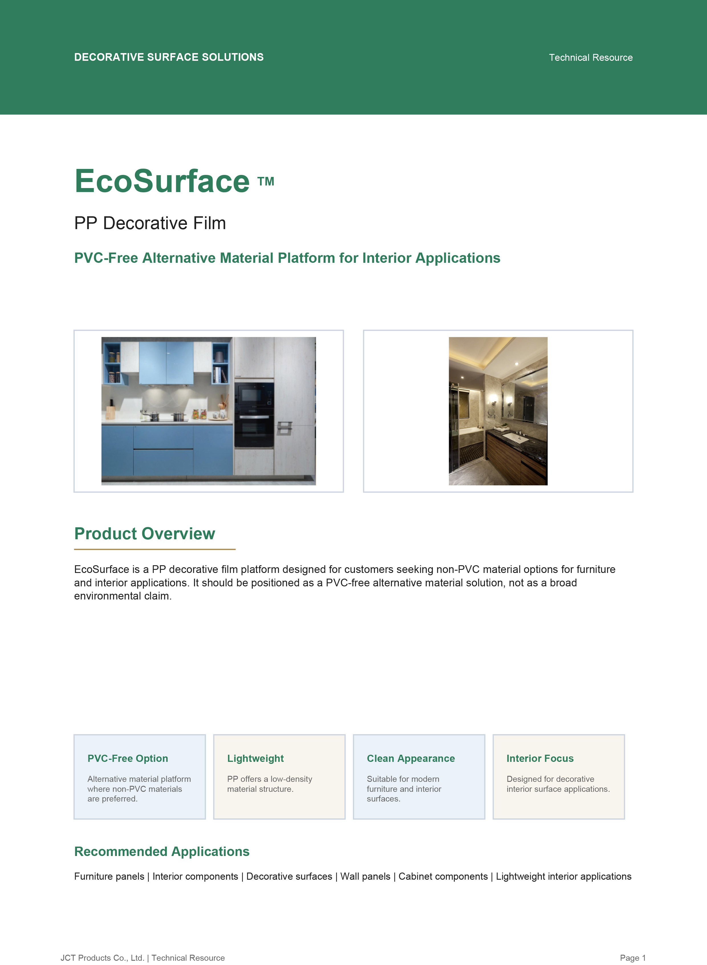 JCT EcoSurface PP Decorative Film TDS