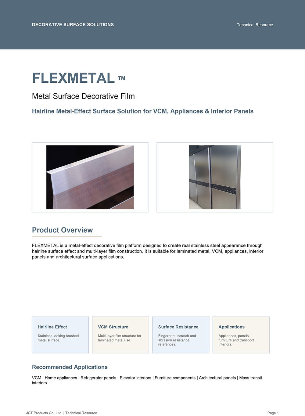 JCT FLEXMETAL Metal Surface Decorative Film TDS