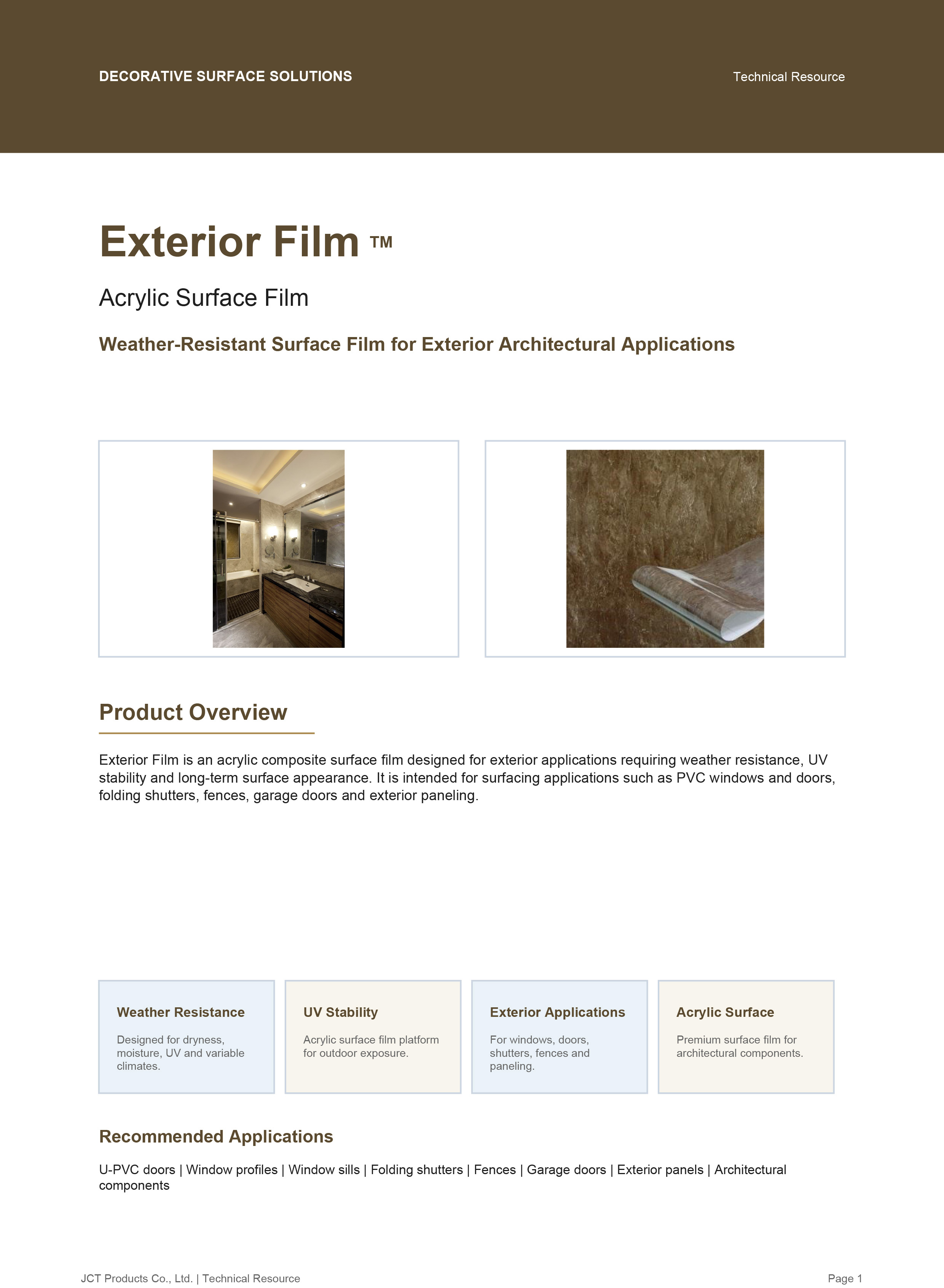 JCT Exterior Film Acrylic Surface Film TDS